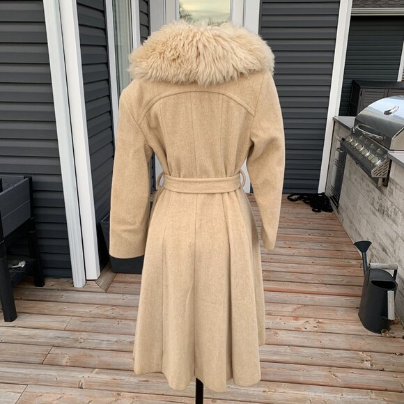 Vintage 70s Wool Faux Fur Collar Handmade Belted Penny Lane Swing Coat Overcoat - Picture 7 of 16